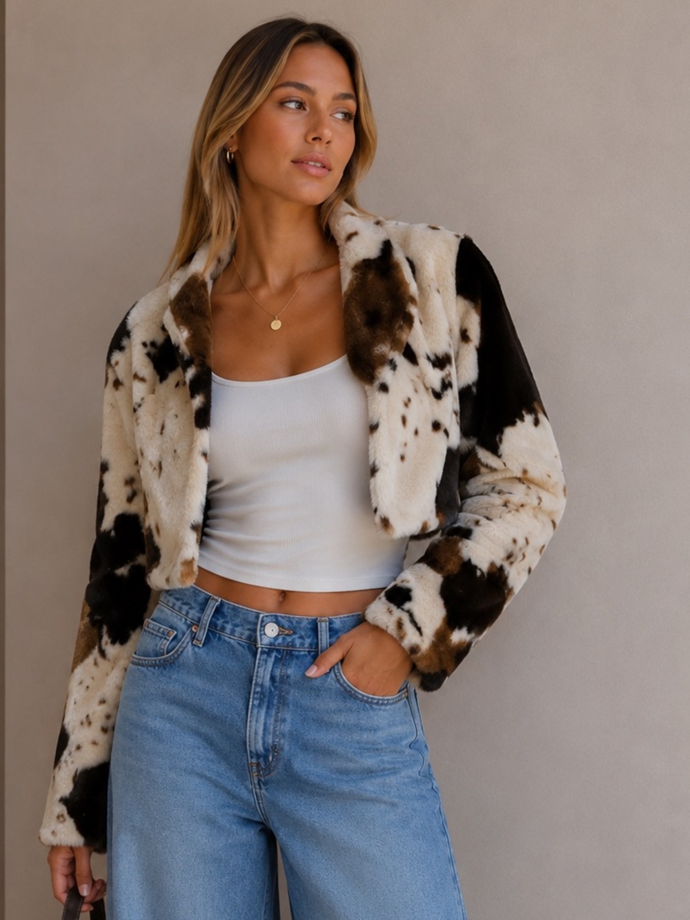 Faux Fur Cropped Bolero Jacket - Brown Multi